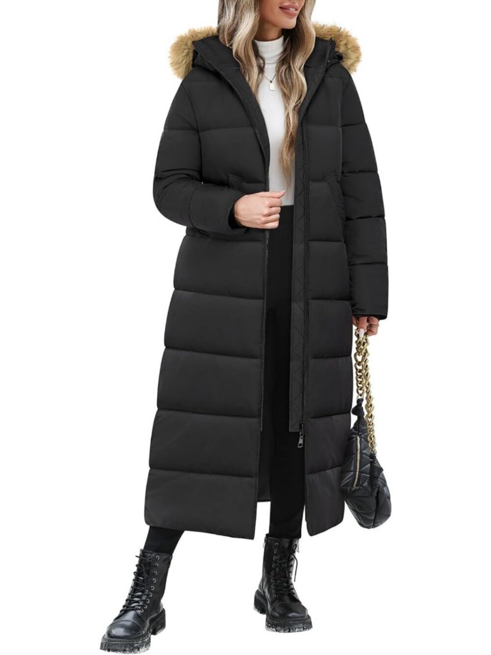 Cozy Long Puffer Coat for Women - Winter Faux Fur Hooded Quilted Jacket